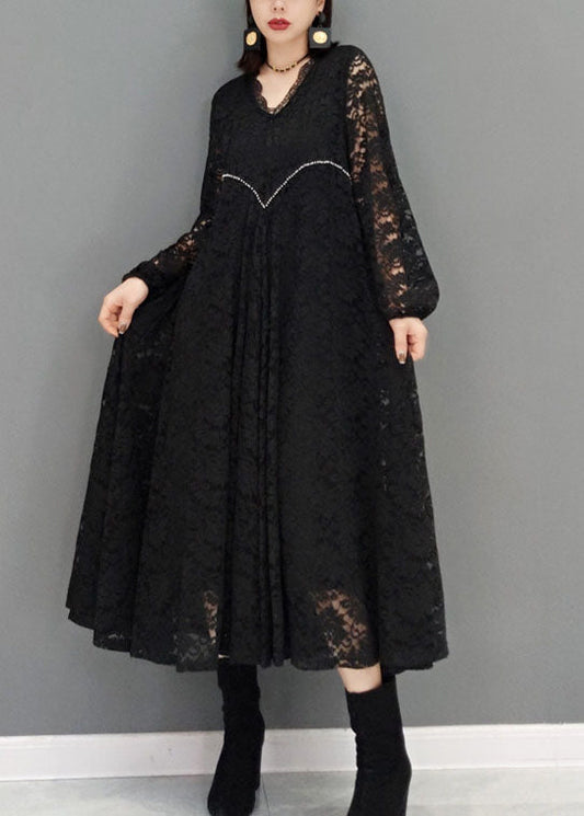 Black V Neck Hollow Out Lace Dresses Spring