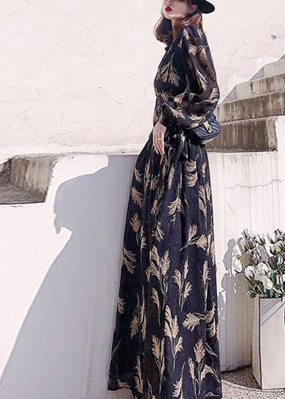 Black V Neck Print Slim Long Dress Long Sleeve