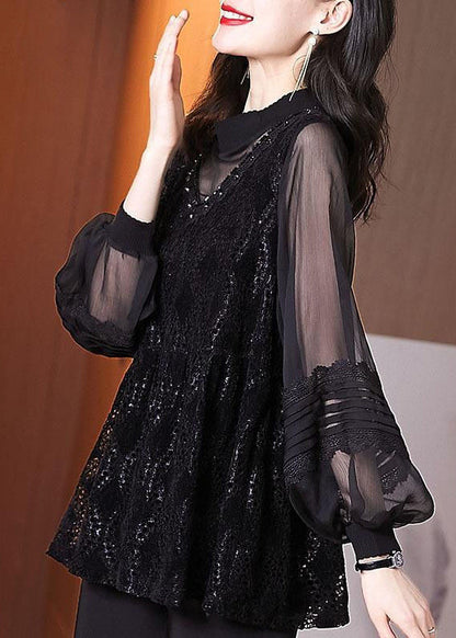 Black Embroideried Hollow Out Patchwork Lace Top Lantern Sleeve