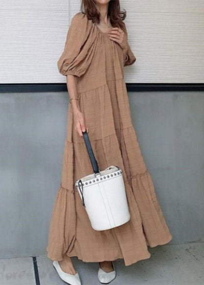 Light Green O-neck Patchwork Wrinkled Maxi Dresses Puff Sleeve