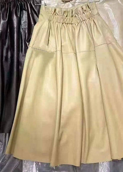 Black Pockets Wrinkled Patchwork Sheepskin Fall Skirt
