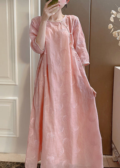 Pink Embroidered Button Linen Two-piece Set Half Sleeve