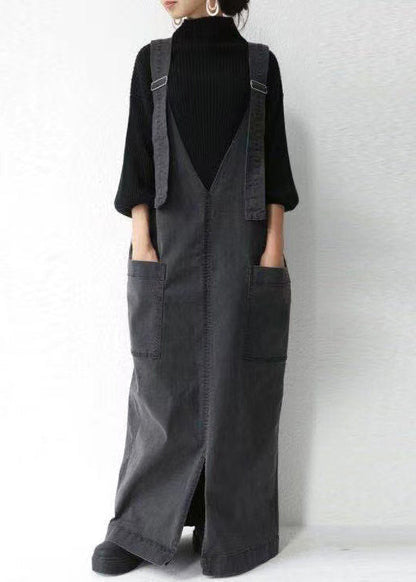 Black Oversized Pockets Cotton Maxi Dresses Summer