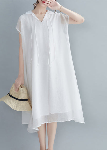 White Chiffon Long Dress Extra Large Hem Lace Up Short Sleeve