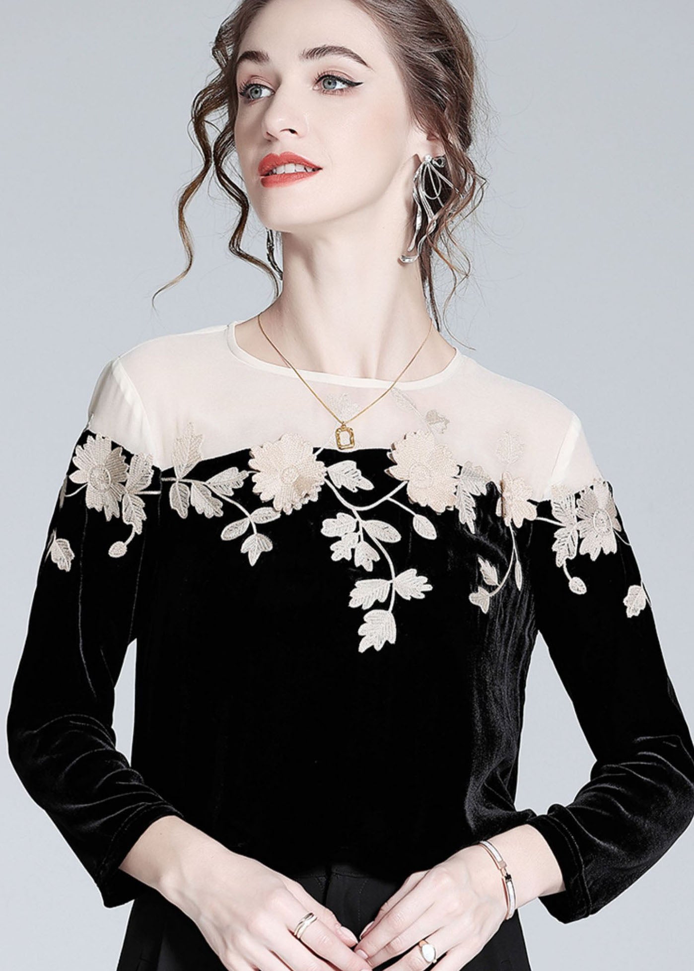 Black Embroideried Patchwork Silk Velour T Shirt Spring