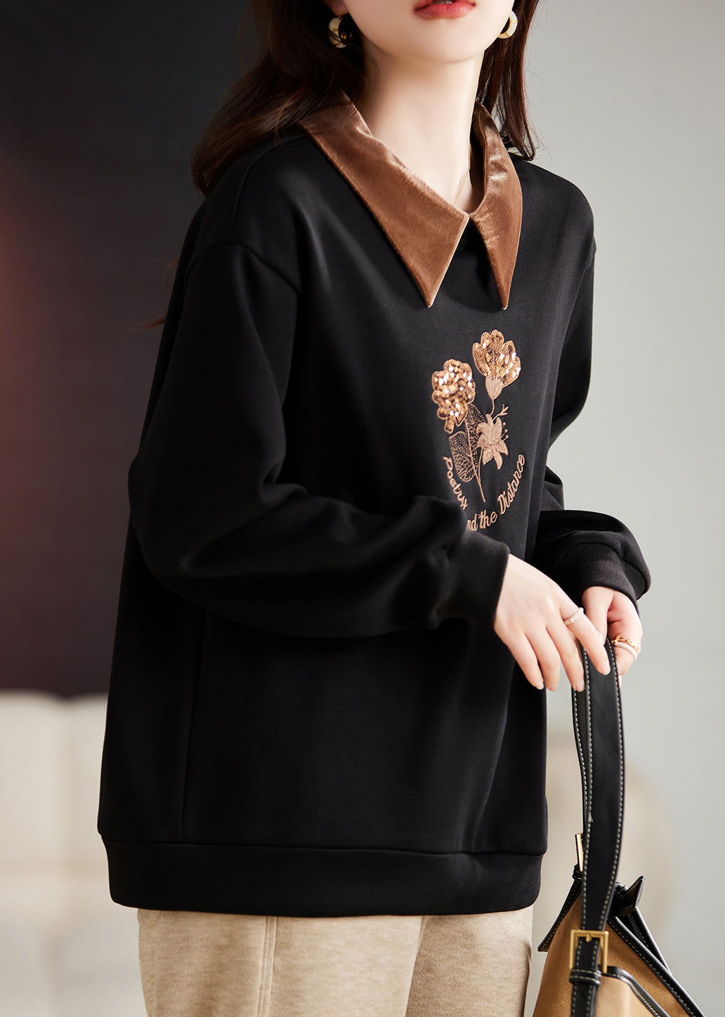 Organic Black Peter Pan Collar Embroideried Warm Fleece Top Fall