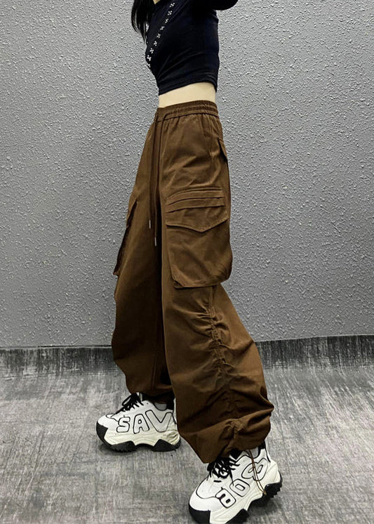 Coffee Pocket Cinched Elastic Waist Pants Autumn