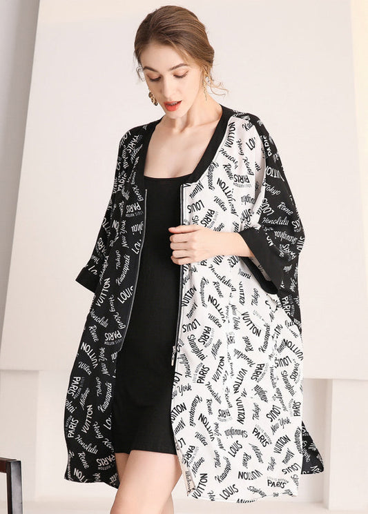 Colorblock Zip Up Oversized Letter Print Chiffon Cardigans Summer