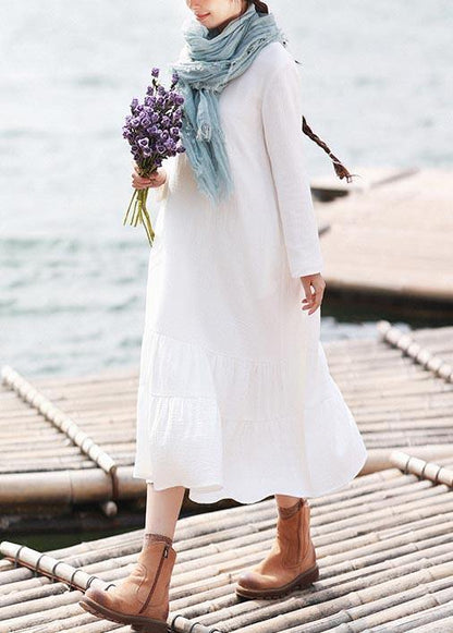 Style White Tunics for O Neck Ruffles Loose Spring Dress