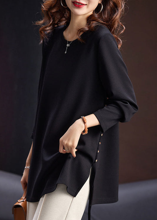 French Black O-neck Side Open Zircon Tops Long Sleeve