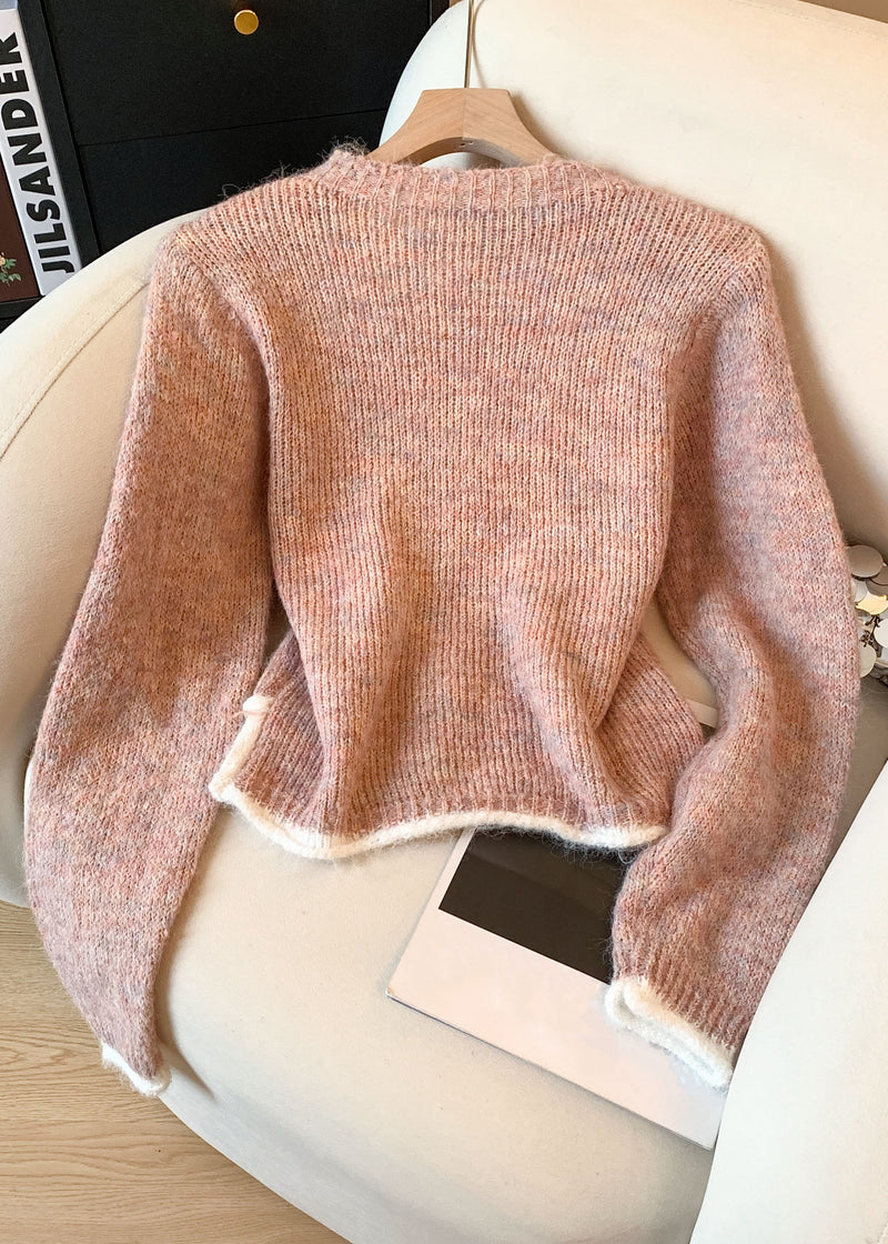 Pink False Two Pieces Patchwork Knit Sweater O-neck
