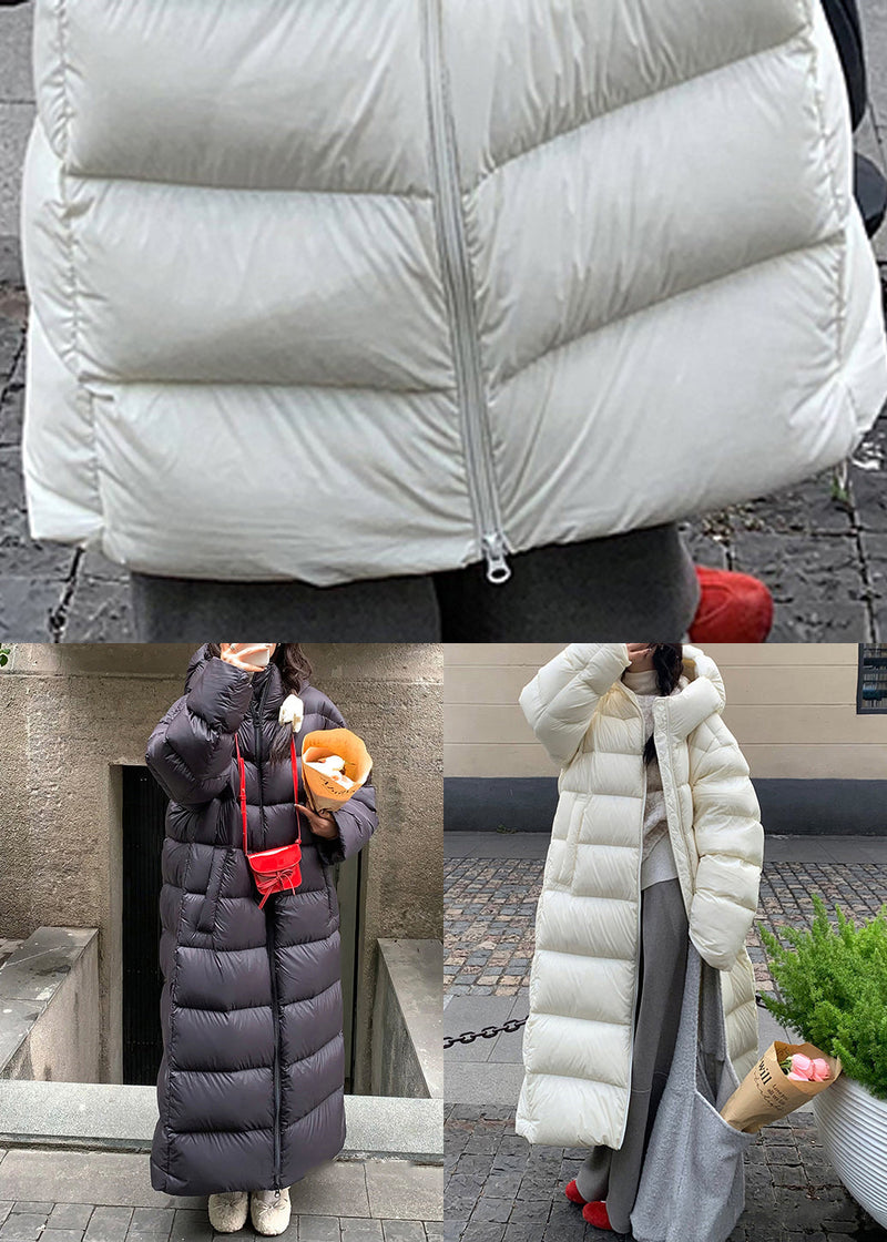 White Hooded Zippered Pockets Duck Down Long Coat Winter