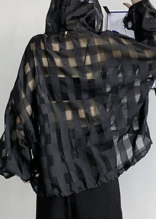 Black Plaid Button Lace Up Thin Top Long Sleeve