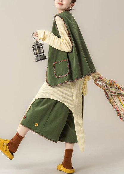 Green Patchwork Corduroy Waistcoat ,top and Crop Pants Three Pieces Set Sleeveless