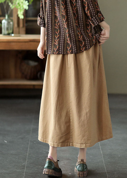 Natural Khaki Double Breast Cotton a Line Skirts Spring