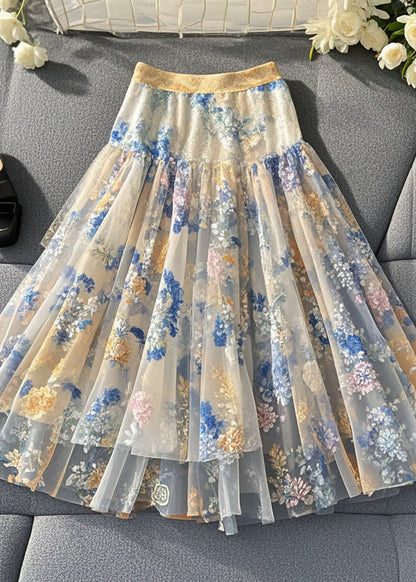 White Print Silm Fit Tulle Skirts Summer
