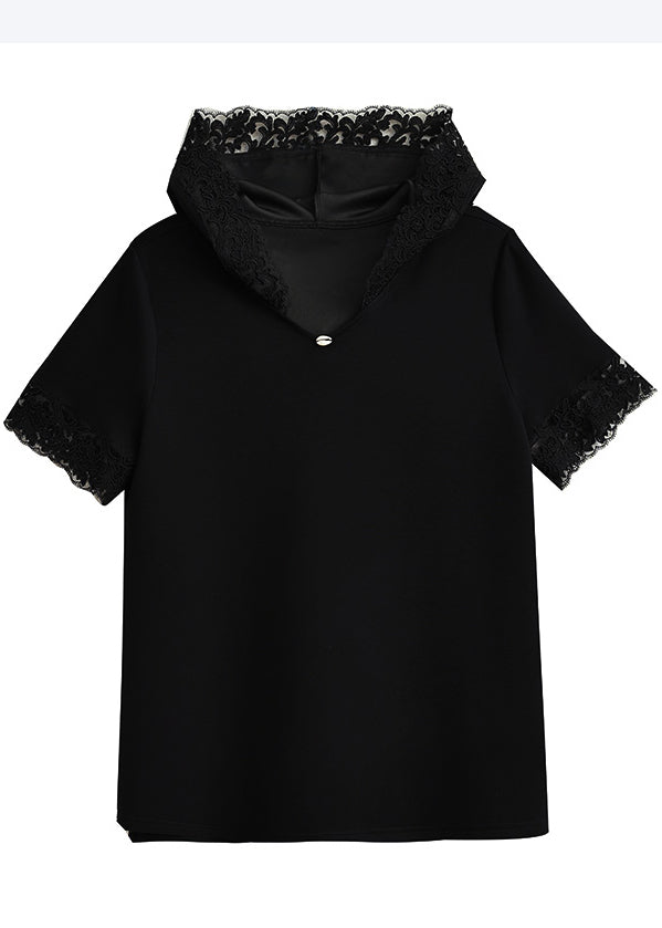 Black Hooded Patchwork Lace Tank Summer