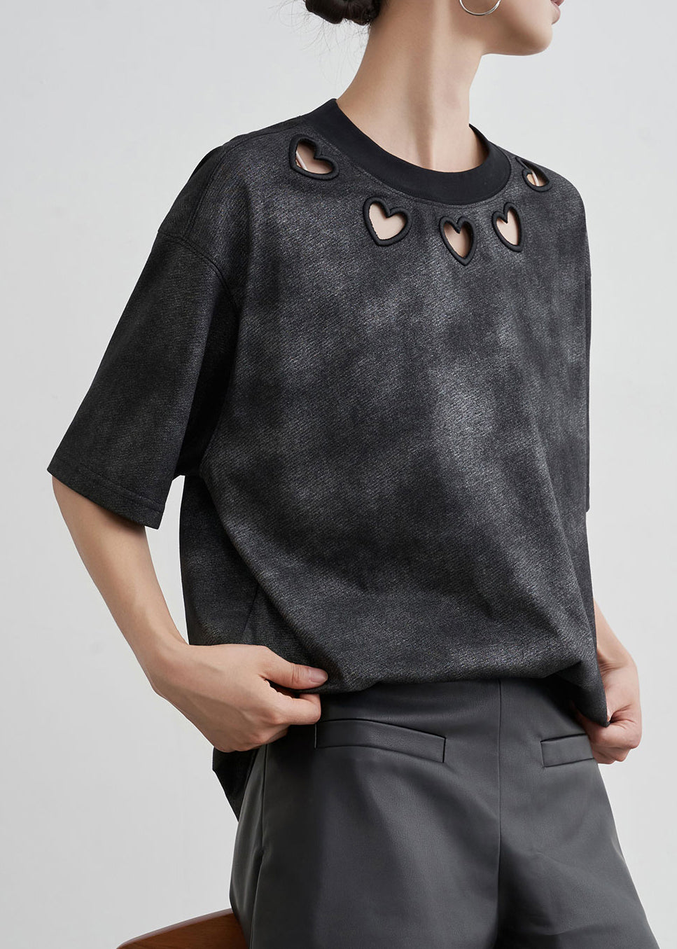 Black O Neck Hollow Out Cotton T Shirt Summer