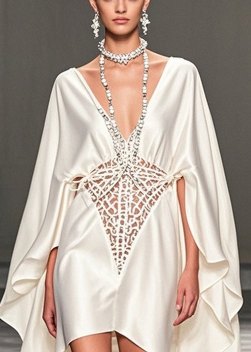 Italian White V Neck Hollow Out Hollow Out Silk Party Dress Spring