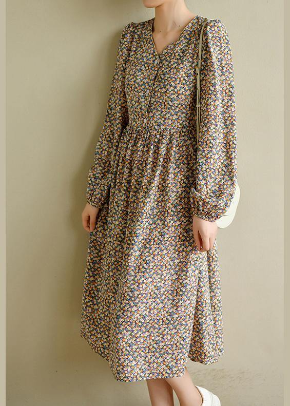 Fine Yellow Green Print Cinched V Neck Vacation Dresses Chiffon Dress