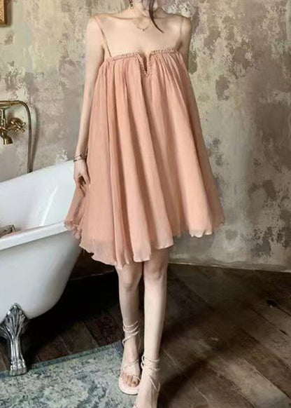 Pink Wrinkled Tulle Spaghetti Strap Dress Summer