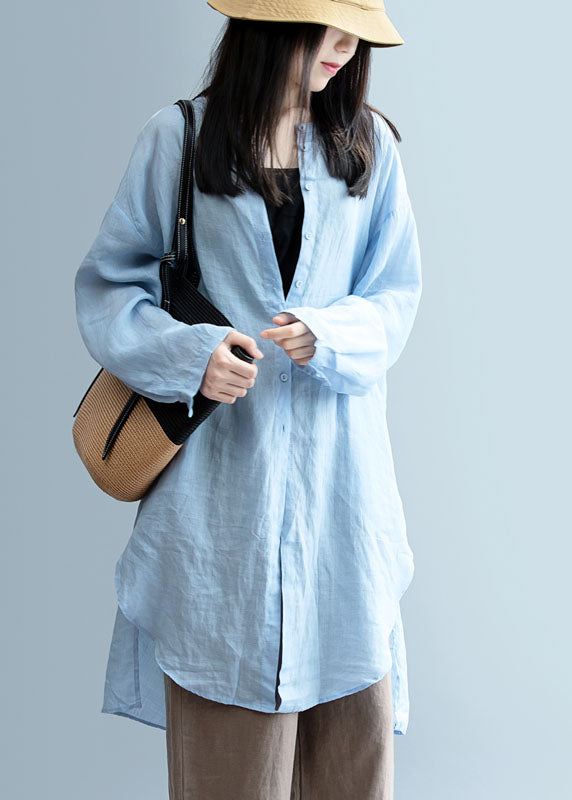 Handmade Blue Asymmetrical Linen Blouses Spring