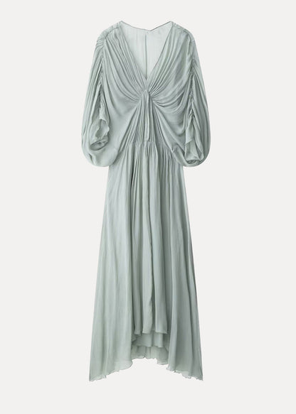 New Light Green V Neck Wrinkled Patchwork Chiffon Dresses Batwing Sleeve