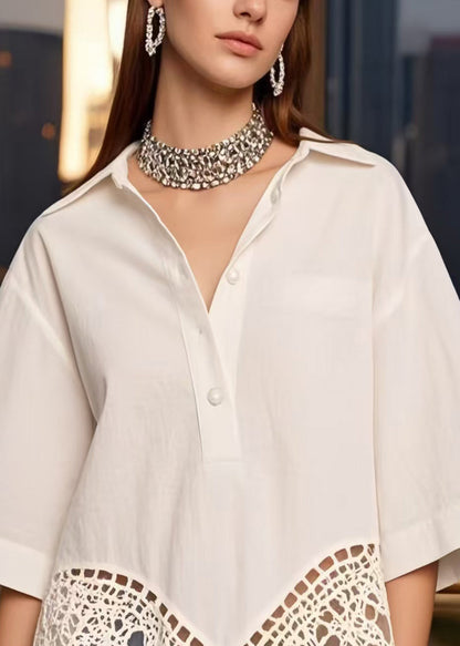 White Hollow Out Patchwork Cotton Tops Summer