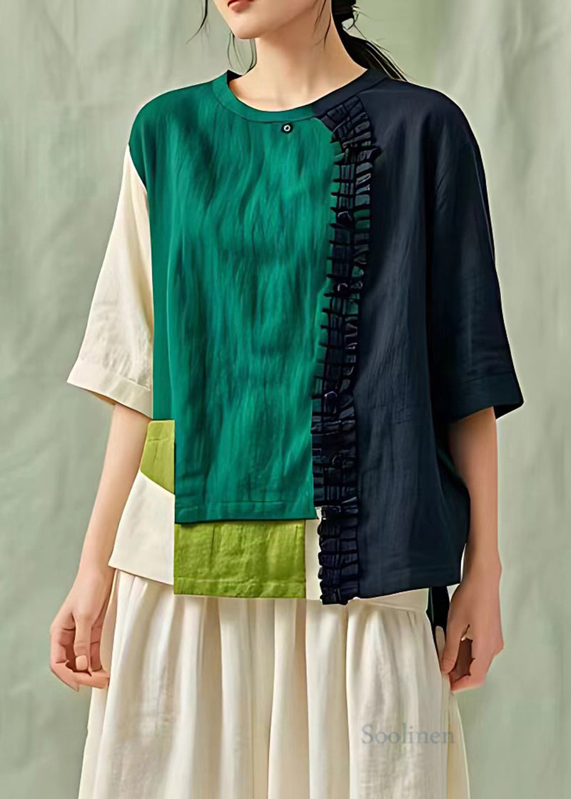 Colorblock Cotton Blend Shirt Top Asymmetrical Design Summer