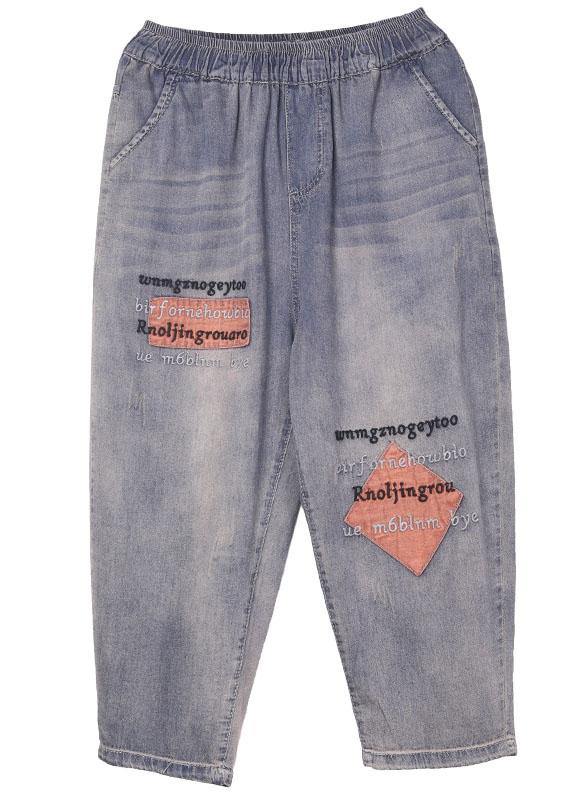 Loose Blue Grey Patchwork Embroideried Pants Denim