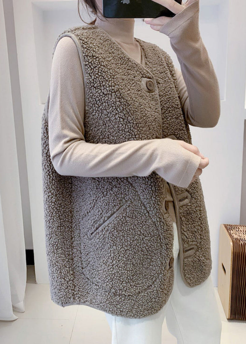 Art Charcoal Grey V Neck Button Faux Fur Waistcoat Fall