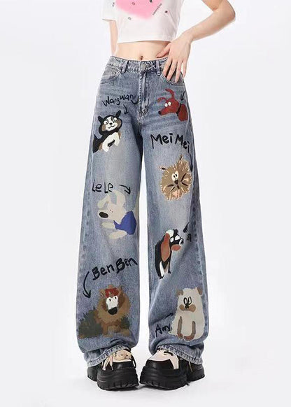 Blue Graffiti Pockets Denim Wide Leg Pants Spring