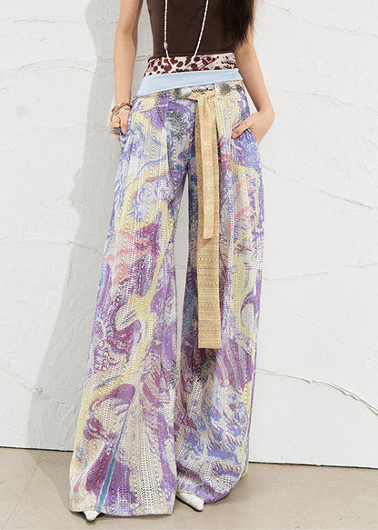 Art Purple Print Hollow Out Linen Wide Leg Pants Summer