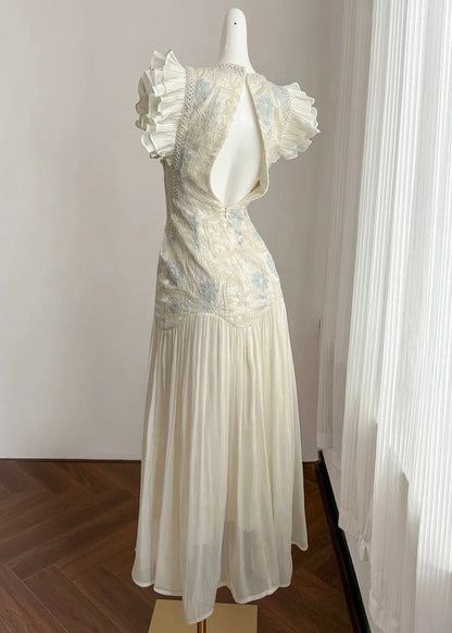 Apricot Embroidered Wrinkled Patchwork Long Dress Summer