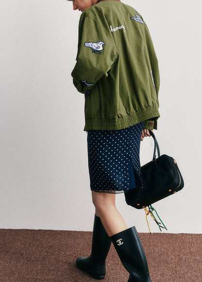 Green Embroidered Pockets Button Cotton Jacket Fall