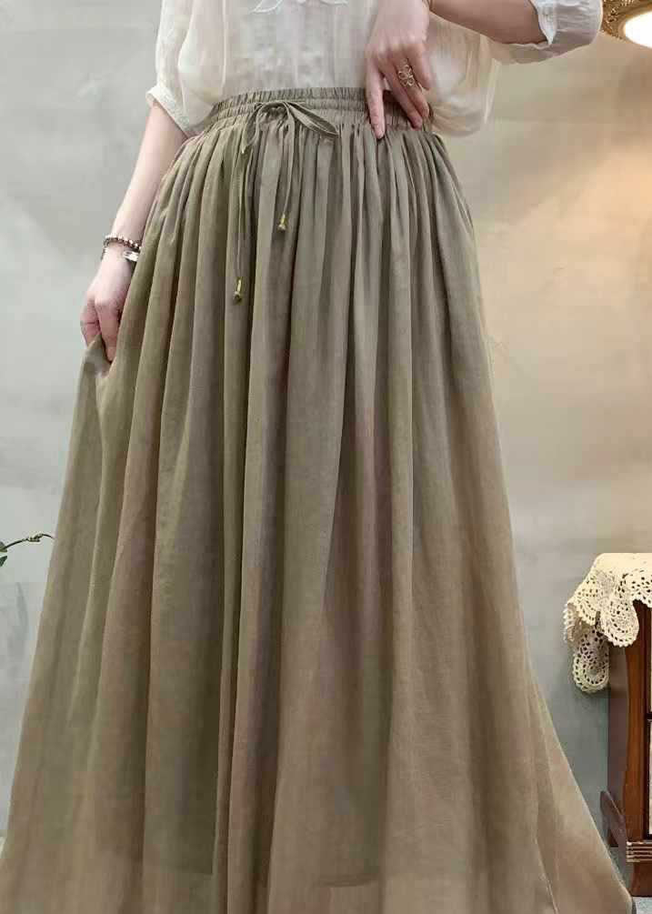 Khaki Wrinkled Elastic Waist Linen Skirts Summer