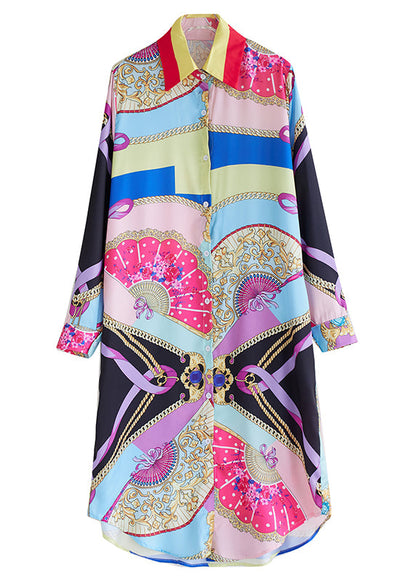 Peter Pan Collar Print Button Long Shirts Dress Spring