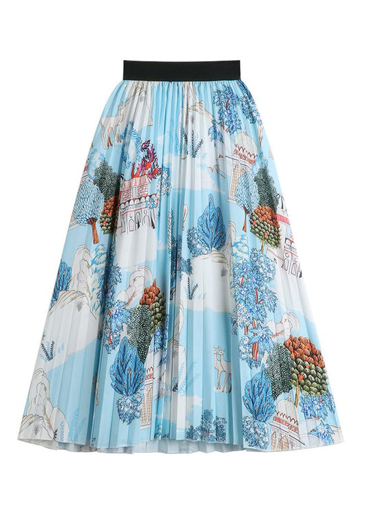 Blue Print Wrinkled Elastic Waist Chiffon Skirts Summer