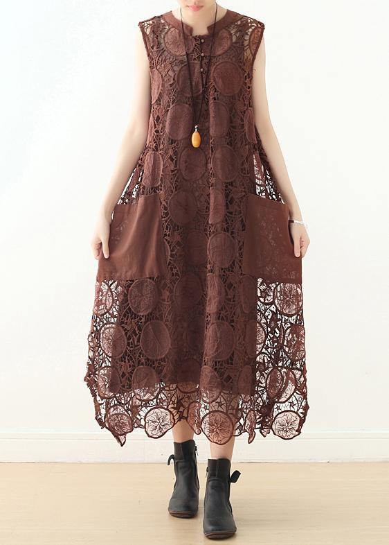 Organic Chocolate Sleeveless Cotton Tunics O Neck Lace Summer Dresses
