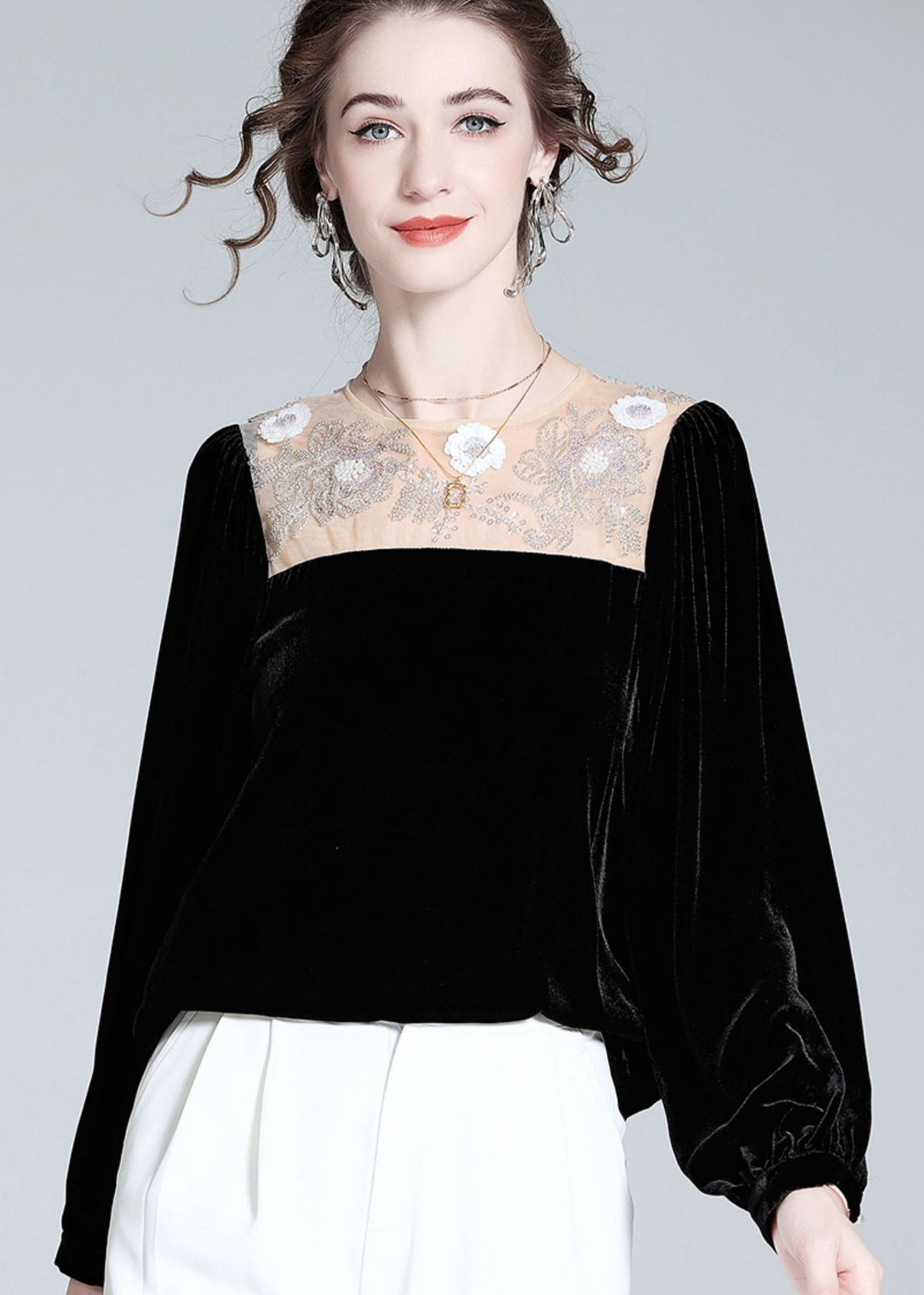 Italian Black O-neck Nail Bead Patchwork Silk Velour T Shirt Spring