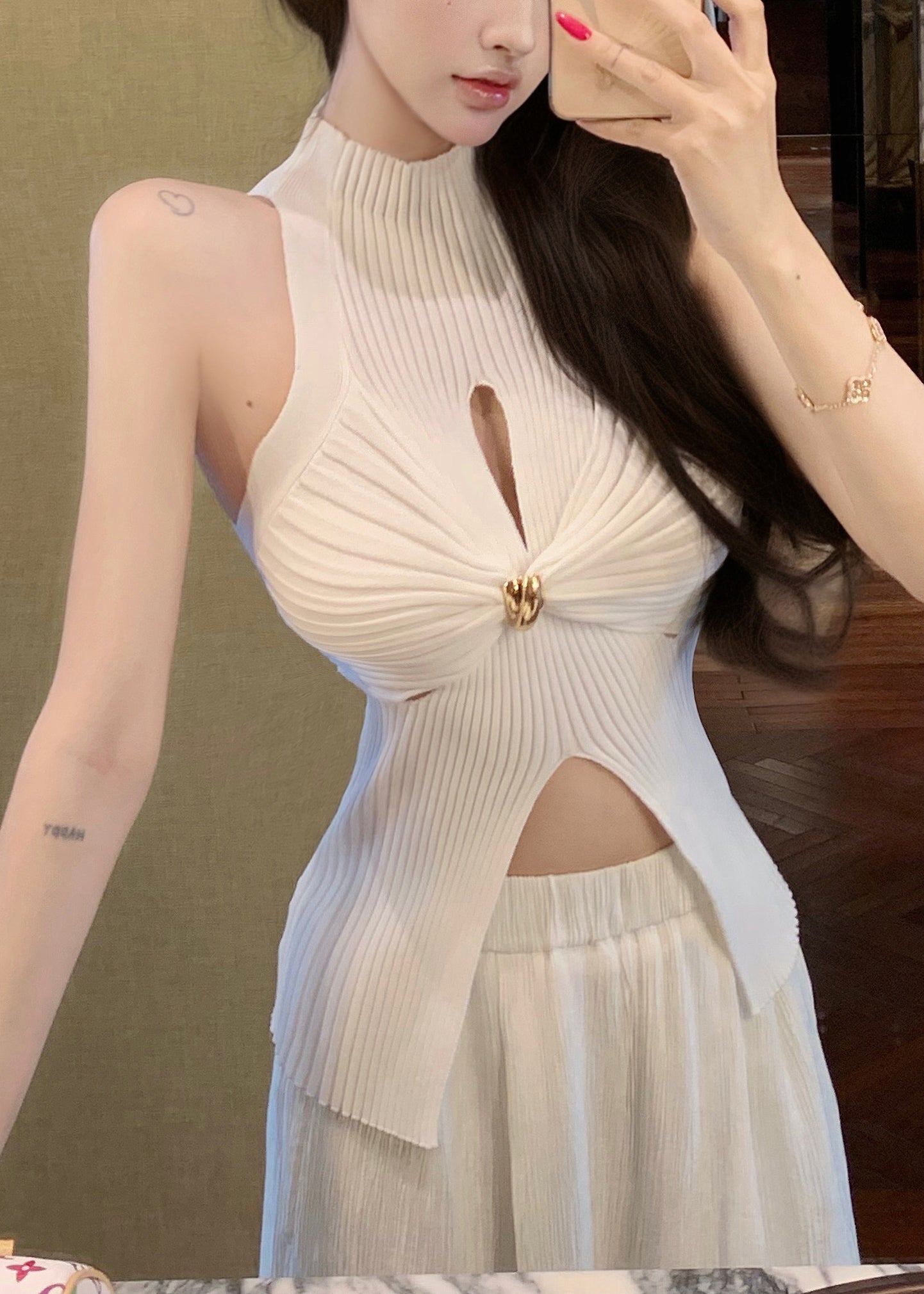 White Front Open Hollow Out Knit Tanks Summer