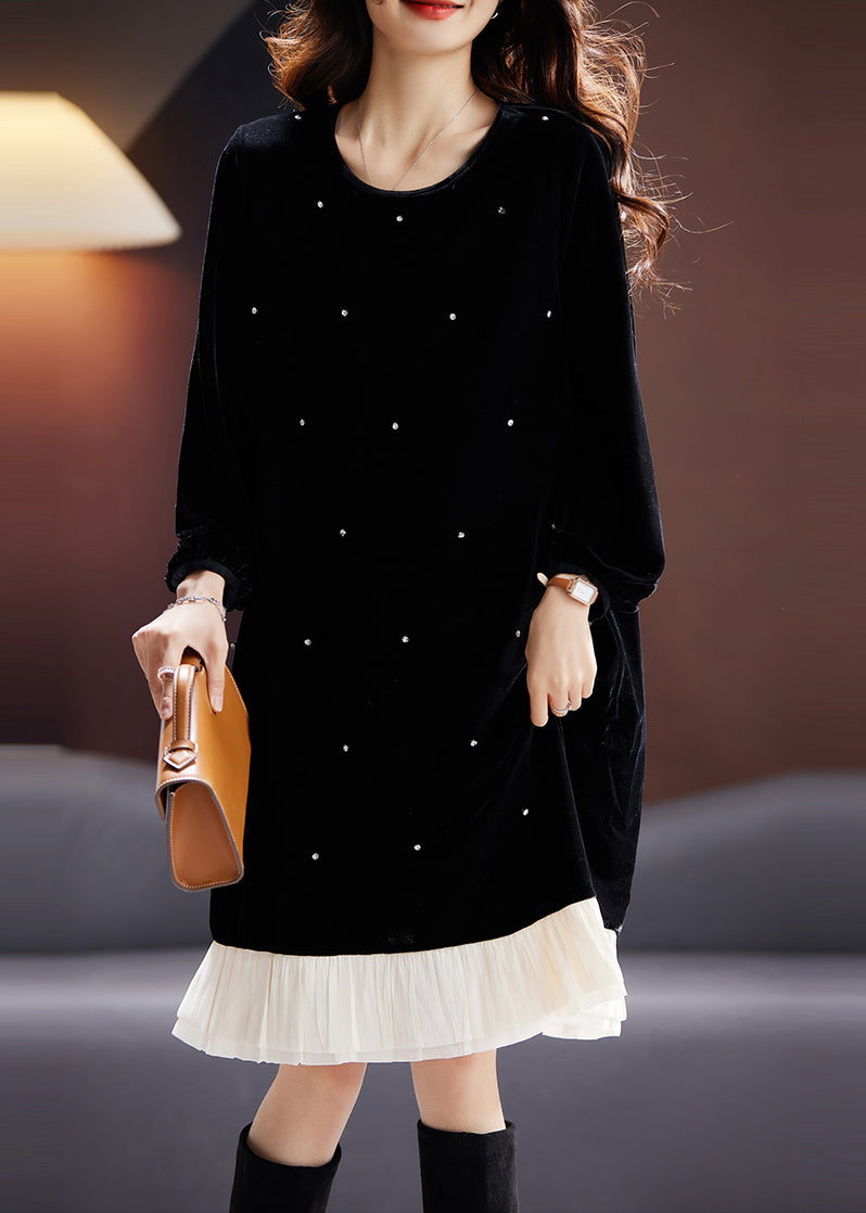 Fine Black O Neck Nail Bead Patchwork Velour Dress Fall