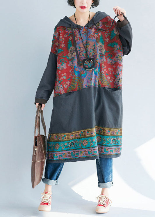 Grey Hooded Print Sweatshirts Dresses Spring