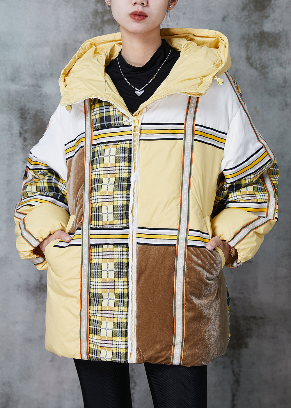 Yellow Oversized Patchwork Duck Down Puffers Jackets Winter
