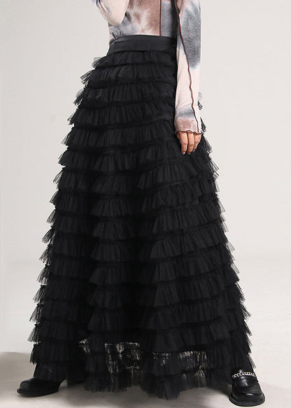 Black High Waist Tulle Pleated Skirt Spring
