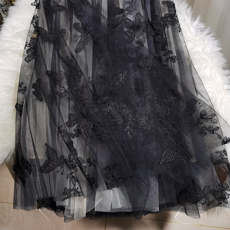 Black Embroideried Butterfly Tulle High Waist Summer Skirts