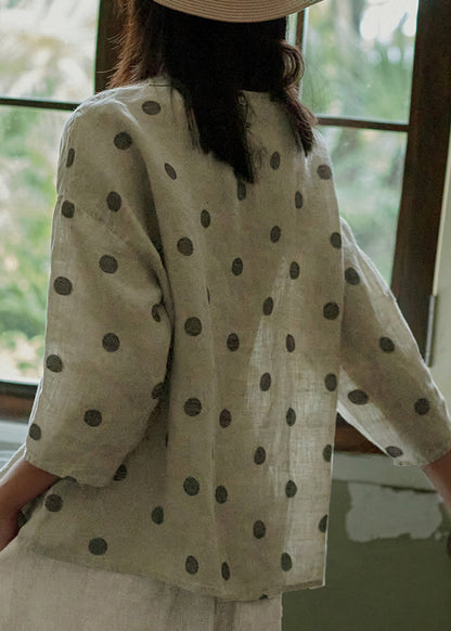O Neck Dot Jacquard Linen Blouse Tops Bracelet Sleeve