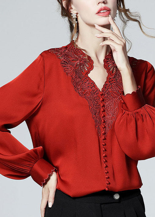 Red V Neck Button Embroideried Patchwork Silk Shirt Top Spring