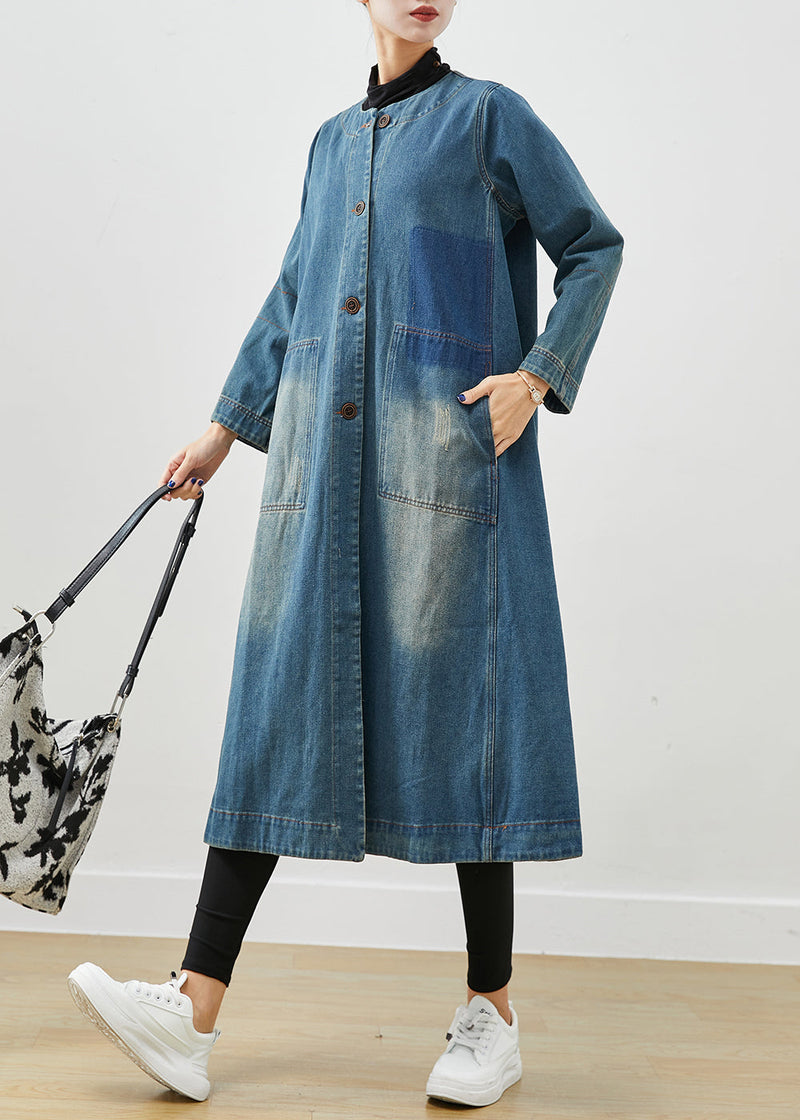 Diy Denim Blue O-neck Pockets Cotton Trench Coat Fall