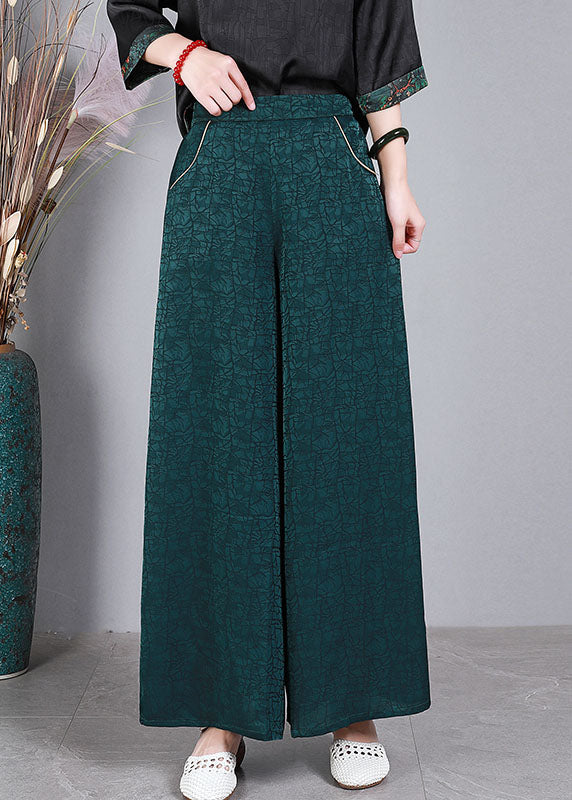 Green Elastic Waist Pockets Wrinkled Silk Wide Leg Pants Summer